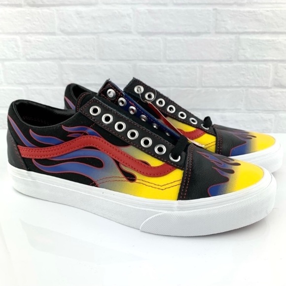 NEW! Vans Old Skool Racer Blk/Red Blue Flame Leather Shoes - Picture 2 of 16